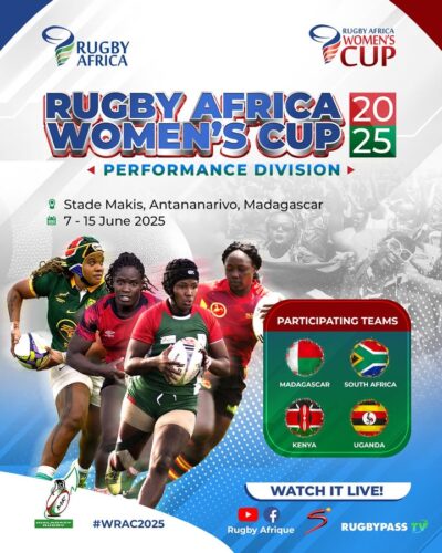 🏉🔥 Get ready for intense action at the Rugby Africa Women’s Cup 2025 
📍 Stade Makis, Antananarivo, Madagascar 🇲🇬 
📅 7 – 15 June 2025

Four powerhouse nations — Madagascar 🇲🇬, South Africa 🇿🇦, Kenya 🇰🇪, and Uganda 🇺🇬 — battle it out for continental glory!

🎥 Don’t miss a moment — Watch it LIVE on Rugby Afrique Facebook and YouTube, SuperSport, and RugbyPass TV!
#WRAC2025 
#RugbyAfrica 
#malagasyrugby