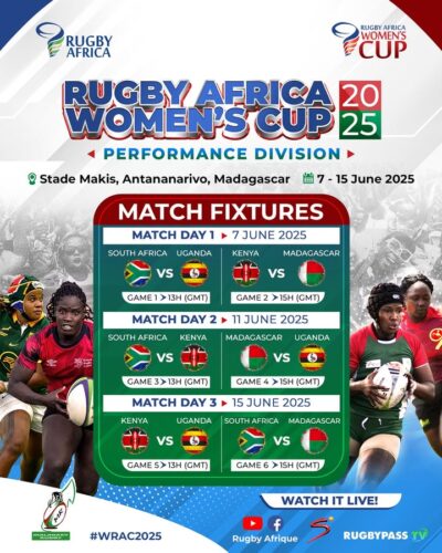 🏉🔥 The battle is on! Catch all the action at the Rugby Africa Women’s Cup 2025 live from Madagascar 🇲🇬
📅 June 7–15 | 📍
💥 6 thrilling games, 4 fierce nations!
📺 Watch it LIVE on RugbyPass TV & SuperSport as well as Our Facebook and  YouTube. 

#WRAC2025 
#RugbyAfrica
#malagasyrugby